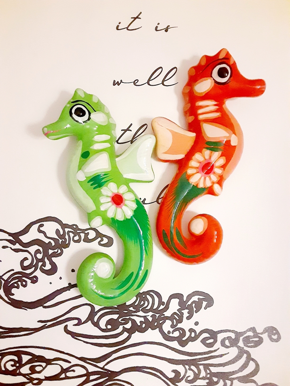 Talavera Orange & Green Floral Mexican Pottery Seahorse Wall Art